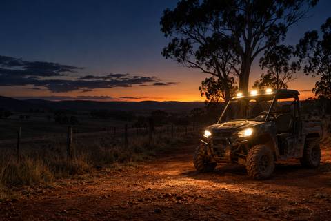 A side-by-side farm vehicle with spotlights on, parked on a red dirt track at nightfall