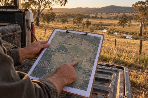Hands holding a clipboard with a paddock map at the tailgate of a farm vehicle