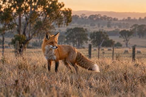 A red fox standing in long dry grass beside a sheep paddock at dawn
