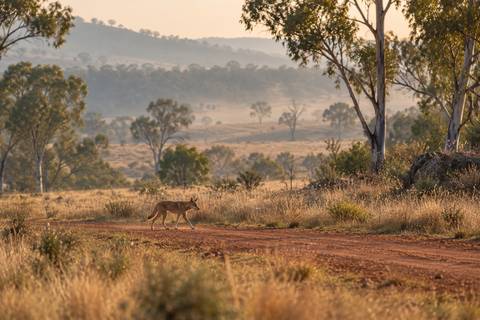 A lone wild dog trotting along a red dirt track through dry grassland